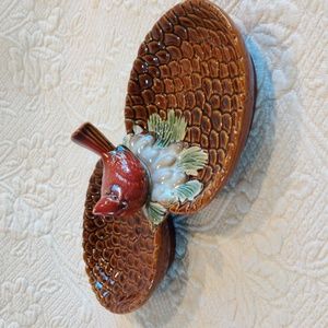 Vintage Dual Ceramic Pinecone Party Serving Nut & Candy Dish With Cardinal Bird